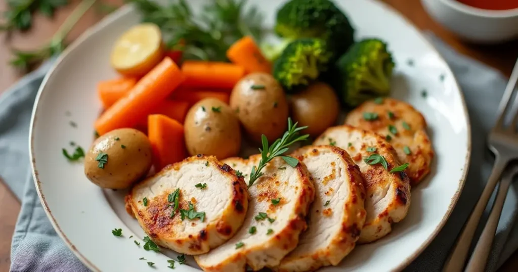 chicken breast recipes: Juicy cooked chicken breast served with vegetables on a plate, perfect for a quick and easy dinner