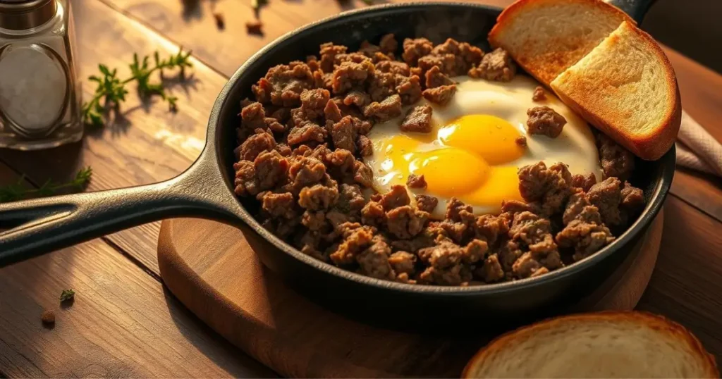 Savory ground beef and eggs recipe, served in a skillet with fresh herbs, a hearty and protein-packed meal.
