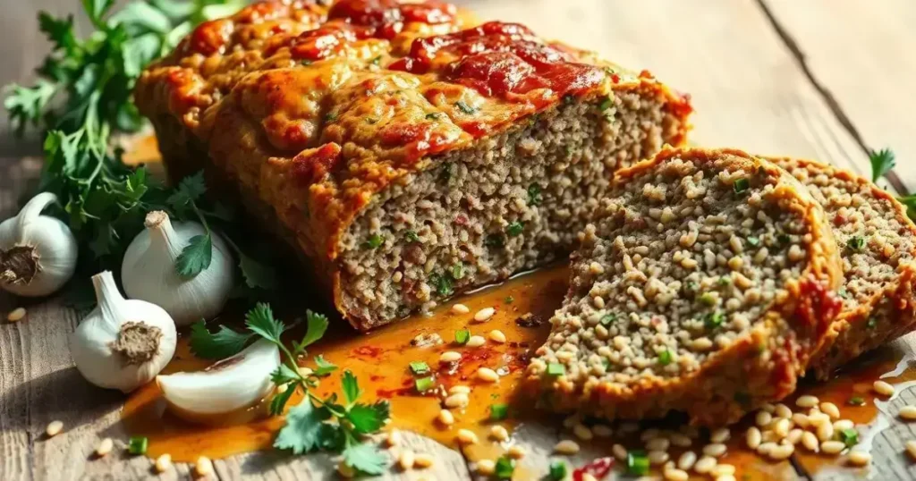 Healthy turkey quinoa meatloaf sliced and served with roasted vegetables on a plate