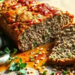 Healthy turkey quinoa meatloaf sliced and served with roasted vegetables on a plate